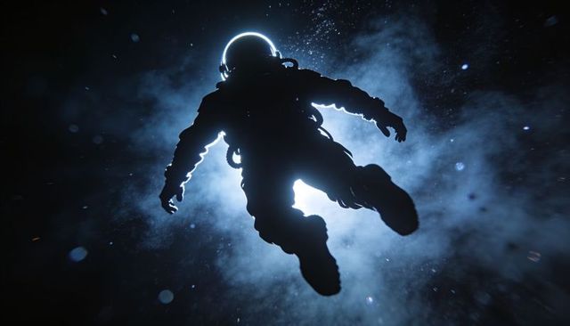 Silhouetted astronaut floating through nebula with rim-lit helmet and trailing hoses
