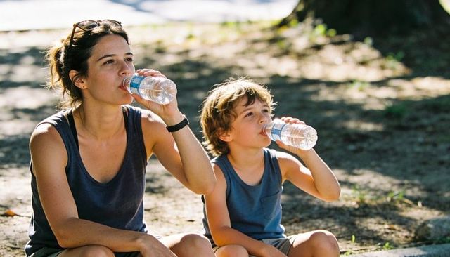 Mother and son drinking water and resting in park shade after family walk on sunny day