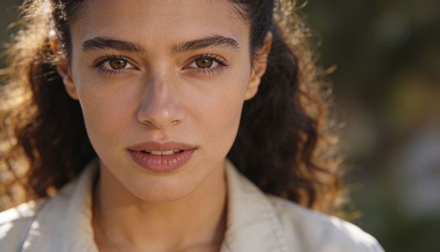 Warm sunlight headshot of young woman with curly hair, freckles and direct eye contact