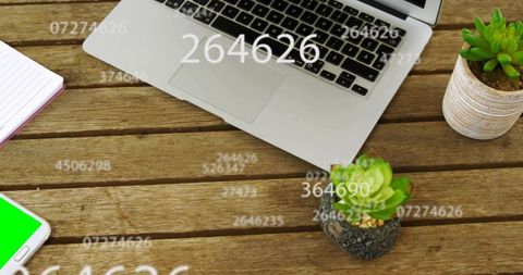 Silver laptop on wooden desk showing smartphone notebook succulents with numeric overlays