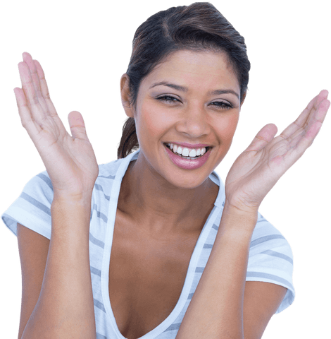 cheerful young woman smiling with open hands on transparent background - Download Free Stock Videos Pikwizard.com