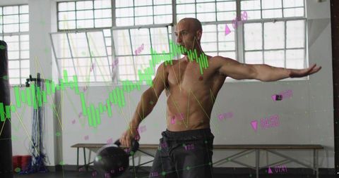 Shirtless athlete swinging kettlebell rotating torso while fitness analytics charts overlay