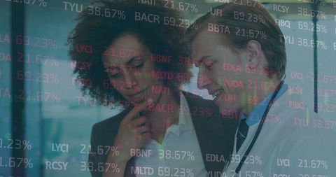 Digital Data Overlays Collage with Business Professionals in Modern Office