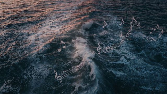 Ocean Waves with Translucent Musical Notation at Sunset