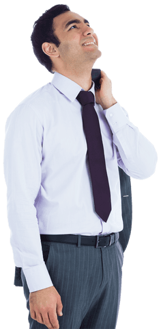Happy biracial businessman looking up on transparent background