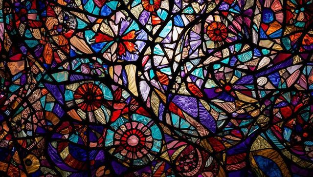 Vibrant stained glass mosaic with abstract design