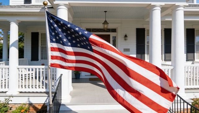 Waving american flag over classic white columned porch, patriotic home with lantern and rocking chai