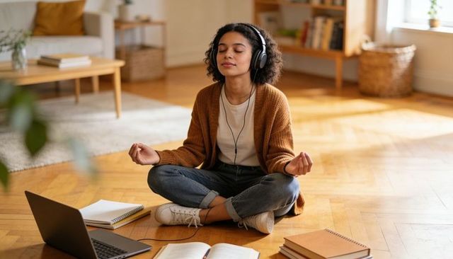 Young woman meditating with headphones while studying at home in cozy sunlit room