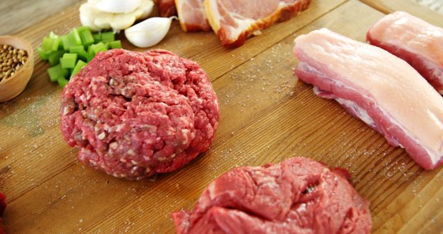 Assorted Raw Meats with Ingredients on Wooden Cutting Board - Download Free Stock Images Pikwizard.com