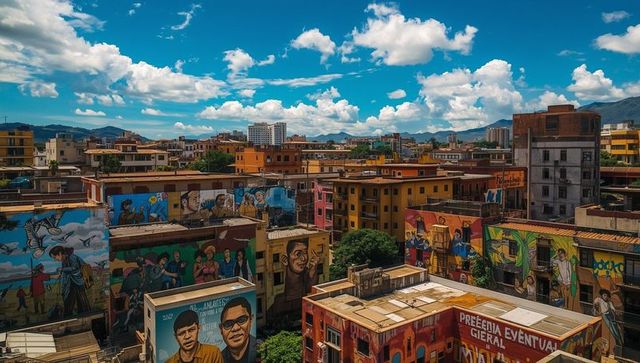 Colorful Murals Adorn Urban City Buildings Under Blue Sky