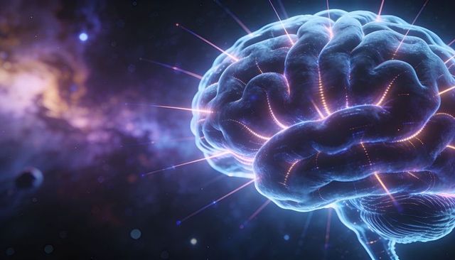 Floating neon brain emitting glowing neural pathways and sparks within deep cosmic nebula