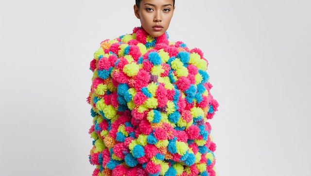 Posing asian model wearing oversized neon pom-pom coat bold textured fashion silhouette