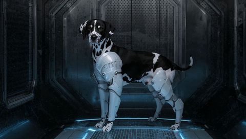 Standing dalmatian wearing cybernetic exo-armor in futuristic lab with blue led glow