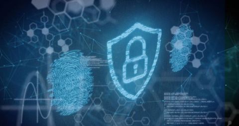 Cybersecurity Interface with Padlock and Fingerprints Overlay