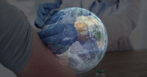 gloved hands administering vaccine to a man with semi-transparent earth showing red location points related to global health challenges. represents global vaccination efforts, pandemic response, and medical initiatives worldwide. useful for illustrating international health campaigns, vaccine advocacy, medicine, and public health education materials.