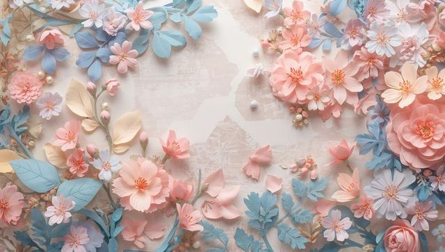 Pastel paper floral frame featuring layered blossoms, pearls and soft textured backdrop