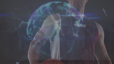 Basketball Player in Digital Network Cityscape