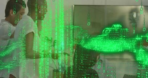 Business team reviewing wall monitor with green binary code overlay for digital teamwork