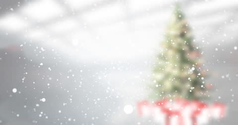 Festive Winter Scene with Christmas Tree and Falling Snow