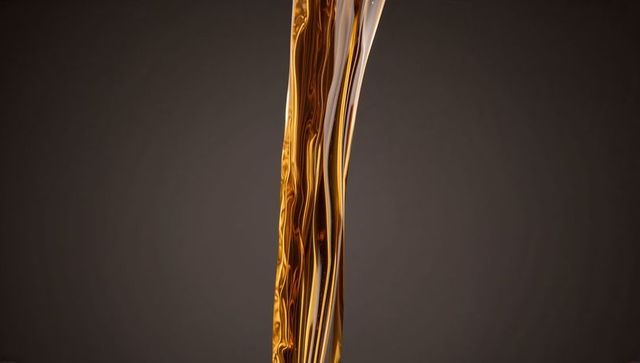 Pouring golden-brown liquid stream flowing with amber marbling and glossy reflections