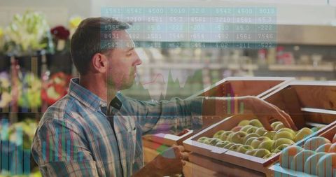Grocery Shopper Selecting Green Apples with Market Data and Sales Analytics Overlay