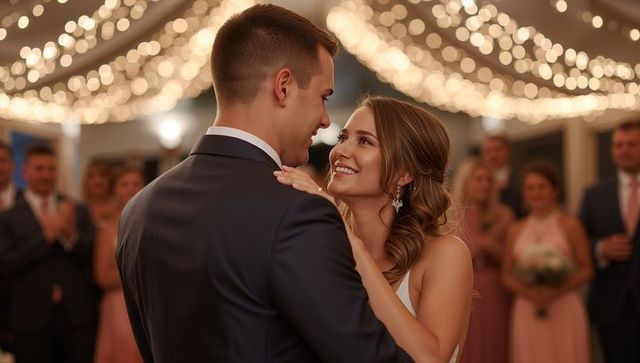 Newlyweds dancing under warm bokeh lights at evening wedding reception