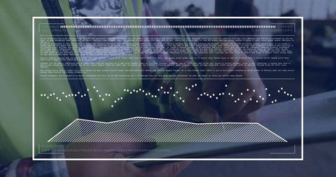 Technician Using Tablet with Futuristic Data Interface in Warehouse