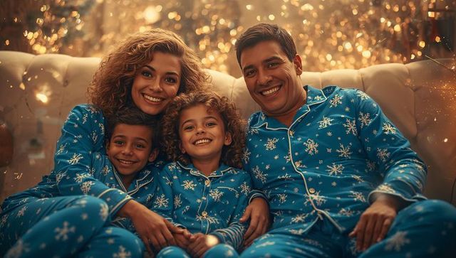 Family Bonding in Matching Winter Pajamas with Holiday Glow