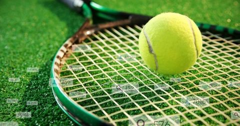 Tennis Racket with Ball and Digital Overlay on Synthetic Grass