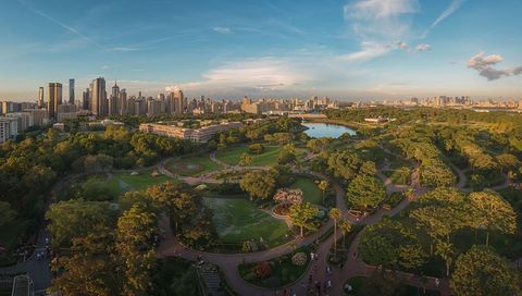 Sunlit urban park boasting central lake and winding paths against downtown skyline