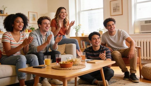 Group of friends cheering and clapping in cozy living room with snacks