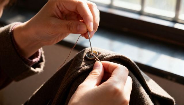 Closeup hands sewing button on brown wool coat by window, stitching repair and craft