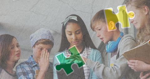 Teenagers Solving Puzzle Representing Digital Learning and Diversity