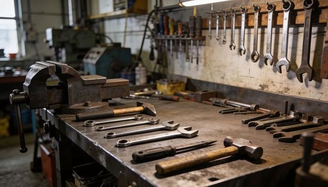 Industrial metal workbench with bench vise and lined wrenches, hammer and sockets - machinist