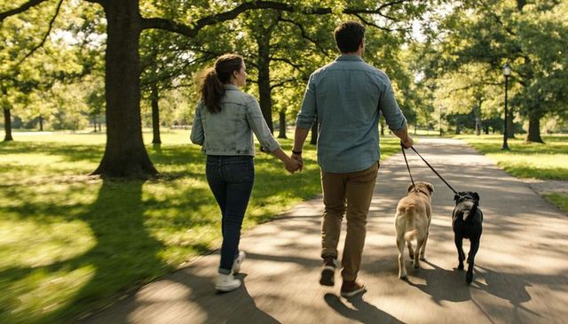 Couple walking hand-in-hand holding leashes with two dogs on sunlit park path under trees