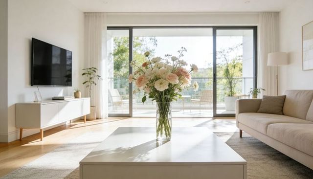 Sunlit living room with glass vase of pale pink roses and dahlias on white coffee table
