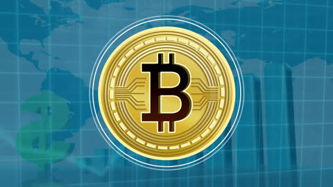 Bitcoin Symbol Over Financial Data Graphics