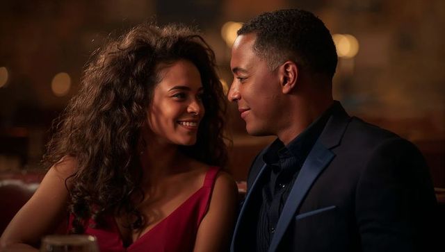 Romantic evening couple sharing intimate moment at cozy restaurant