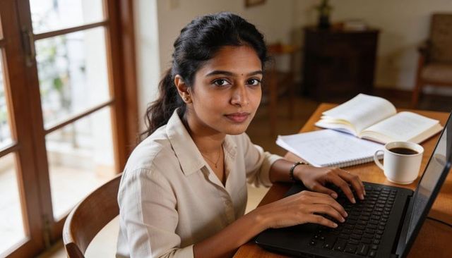 Young woman working from home typing on laptop at sunlit desk with notebook and coffee in daylight
