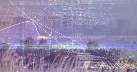 Futuristic financial overlaying rural landscape with charts, binary code, stock tickers