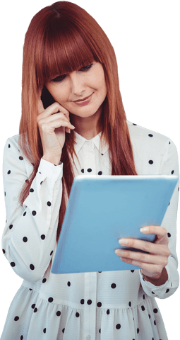 Red-haired Woman in Polka Dot Shirt Using Tablet, Holding Eyeglasses, White Background