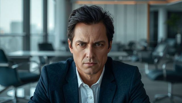 Serious male executive in navy blazer staring into camera in modern boardroom portrait
