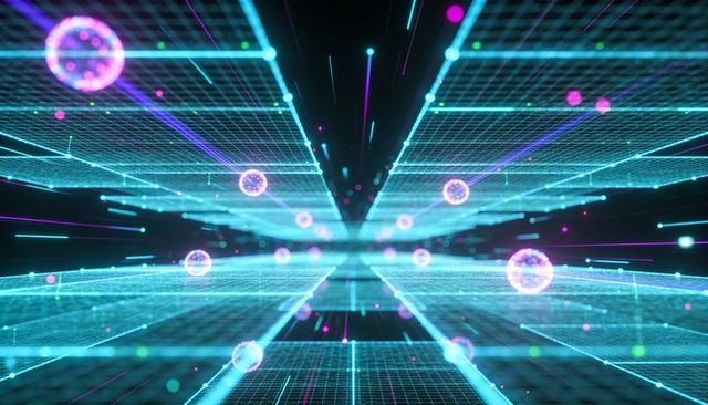 Neon cyber tunnel of cyan wireframe grids with magenta spheres holographic futuristic data