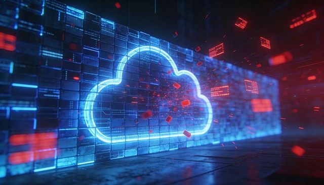 Glowing Neon Cloud Icon Pulsing on Server Panels Emitting Red Data Blocks in Hologram Hallway