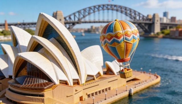 Colorful hot air balloon floating over sydney opera house with harbour bridge backdrop