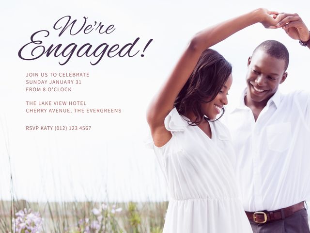 Joyful Couple Celebrating Engagement in Serene Floral Background - Download Free Stock Templates Pikwizard.com