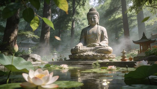 Meditating stone buddha at misty lotus pond in forest temple garden, tranquil zen scene