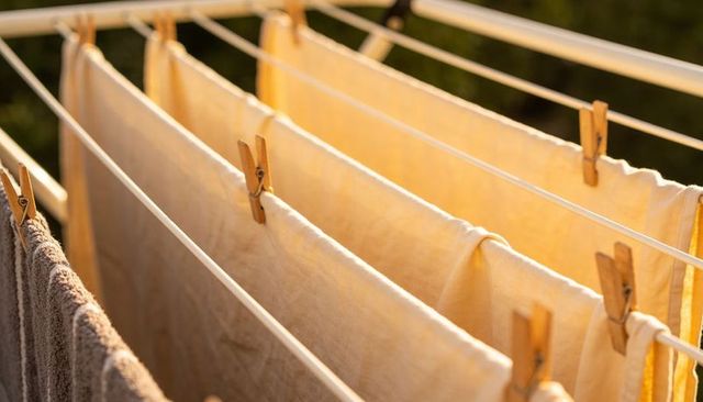 Sunlit linens drying on backyard clothesline with wooden clothespins and warm tones