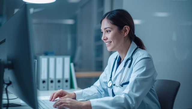 Female physician using computer at desk in clinic reviewing patient records and entering data