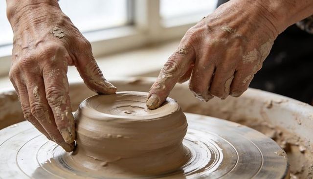 Potter hands shaping and centering clay on wheel close-up with natural window light